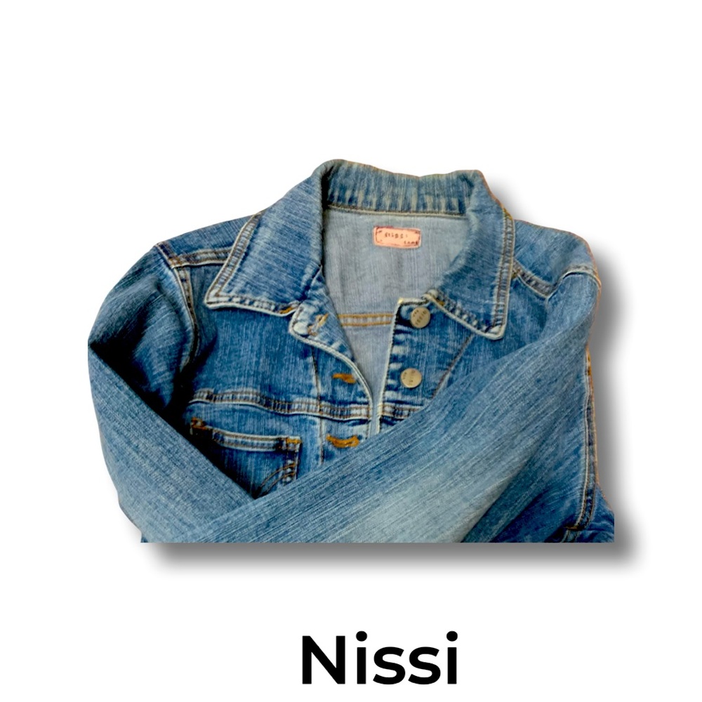 Short cropped jean jacket by Nissi. Shoulder to shoulder 17”